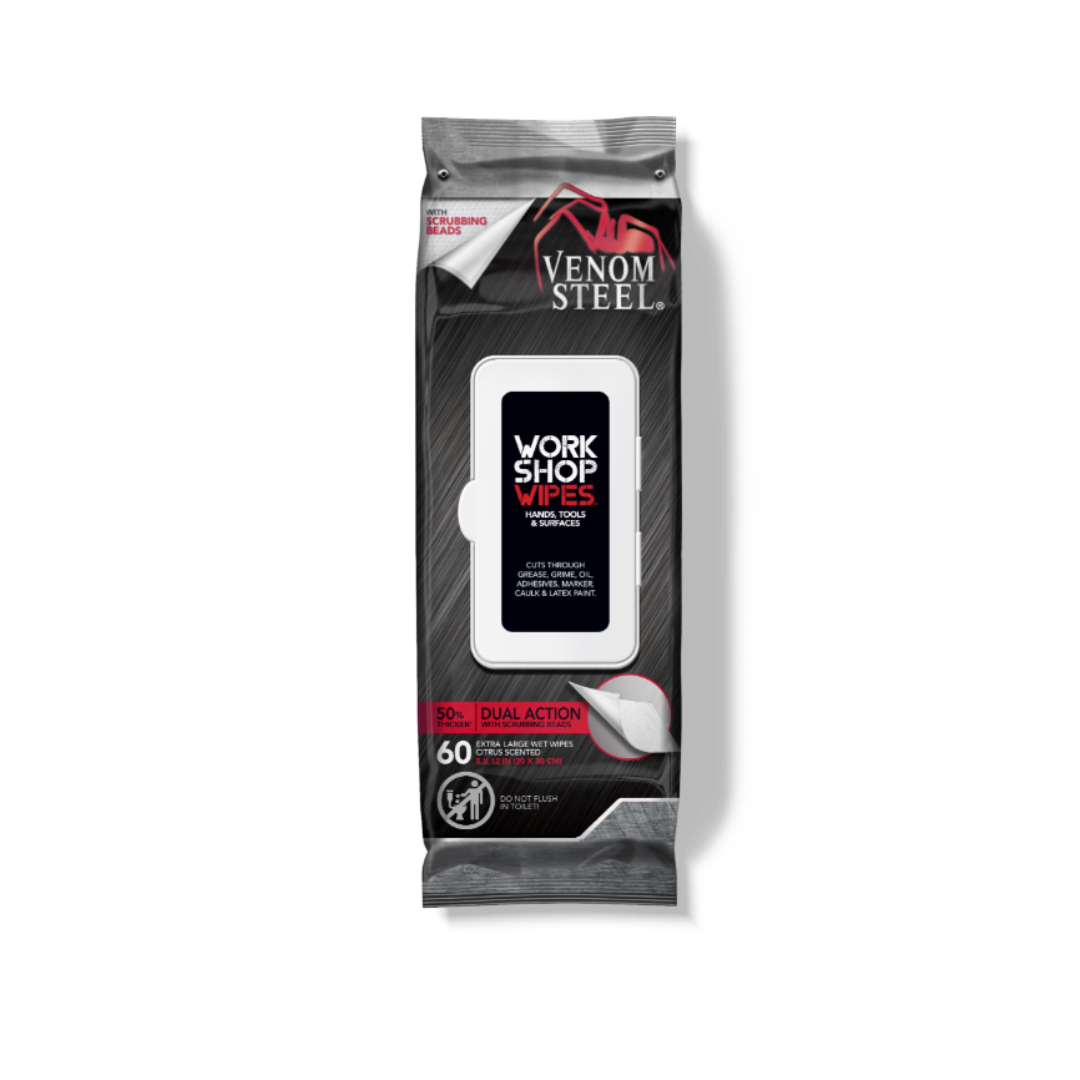 A pack of Medline Venom Steel Wipes with Scrubbing Beads, featuring 60 dual-action wipes in bold black, white, and red packaging for removing tough grease and grime.